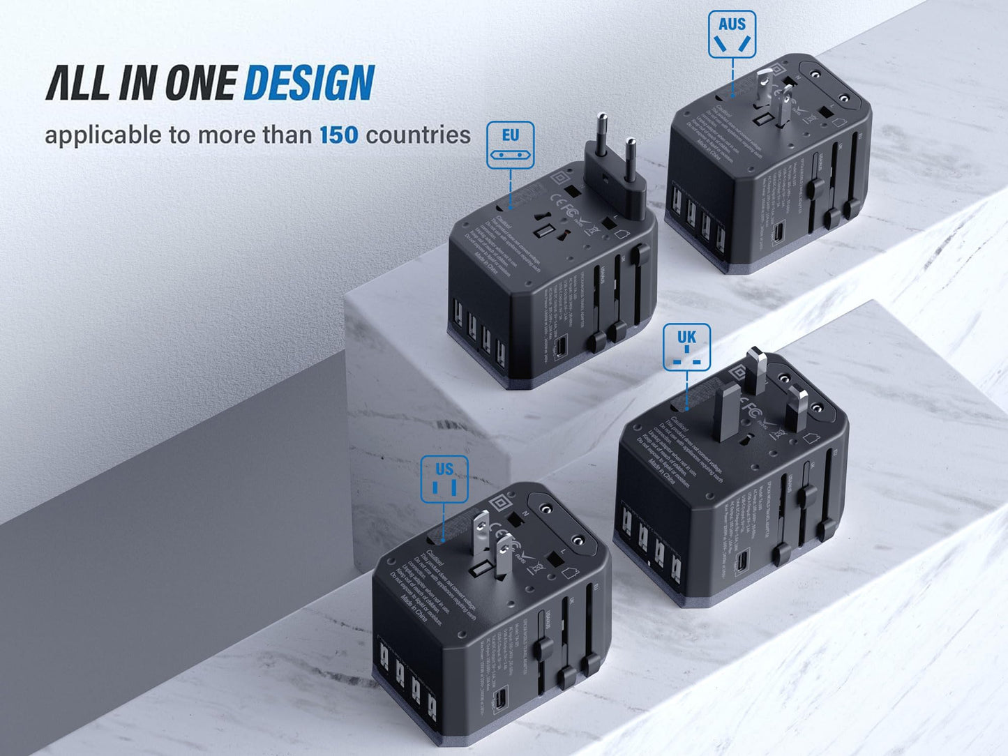 EPICKA Universal Travel Adapter, European Travel Plug Adapter (Not a Voltage Converter) - International Power Adapter Worldwide Charger with USB-C & 4 USB-A Ports, Travel Essentials (TA-105, Grey)