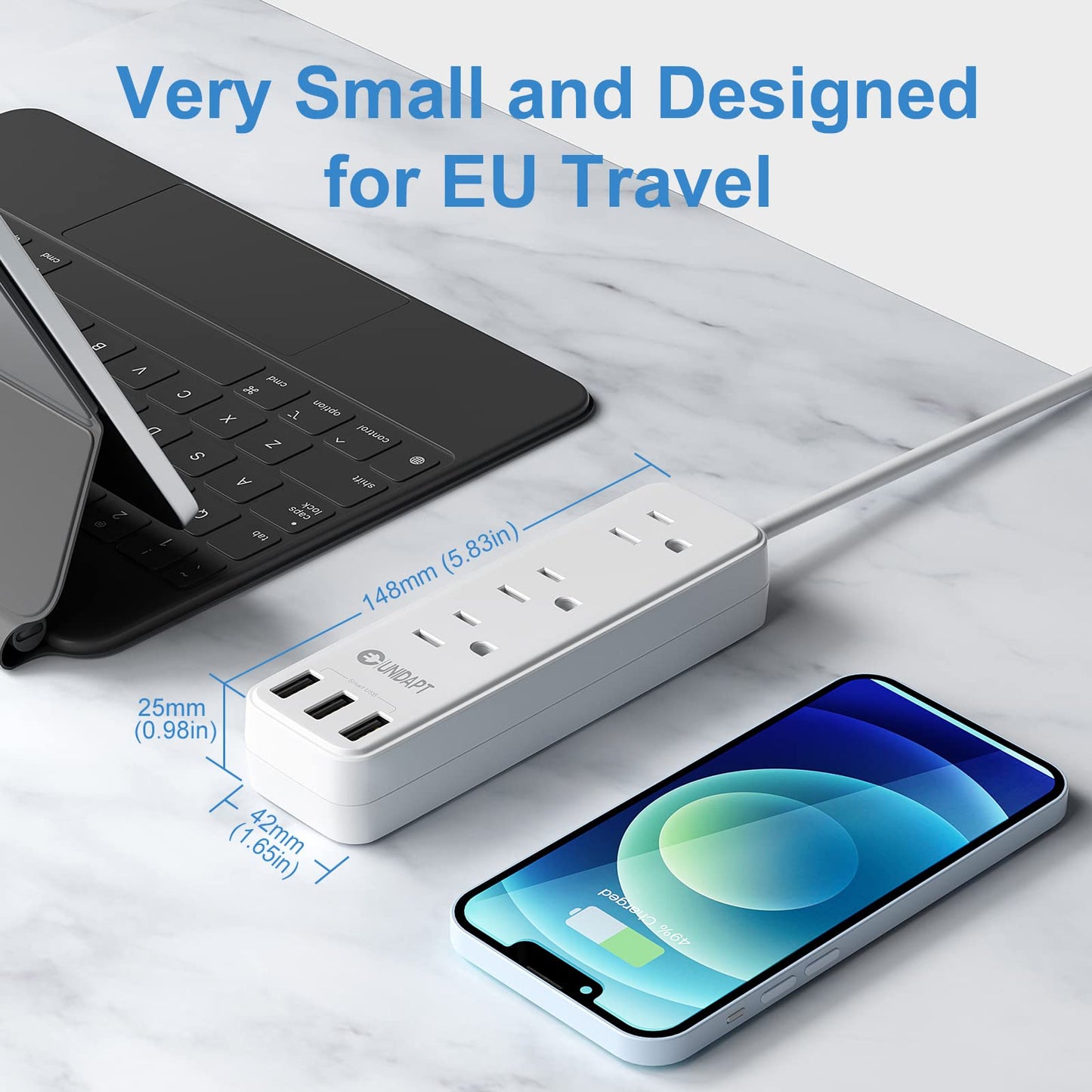 European Travel Plug Adapter, Unidapt International Power Strip, US to Europe USB Extension Cable, Plug Adapter for EU with 3 USB Ports and 3 AC Outlets 3.3ft Cord, Study Abroad Essential