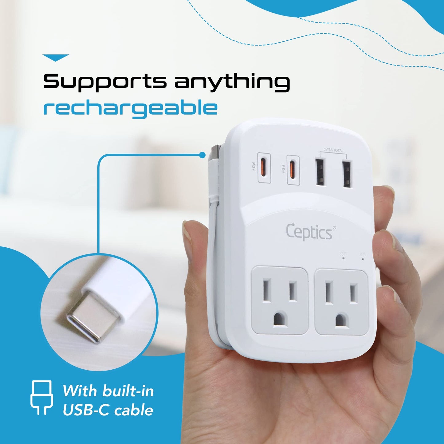 Ceptics World Travel Adapter Kit 2 USB-A, USB-C US Outlets, 20W/QC 18W Power Delivery, Surge Protection, SWADAPT Compatible for Europe, UK, China, Australia, Japan Perfect Laptop (WPS-5B)