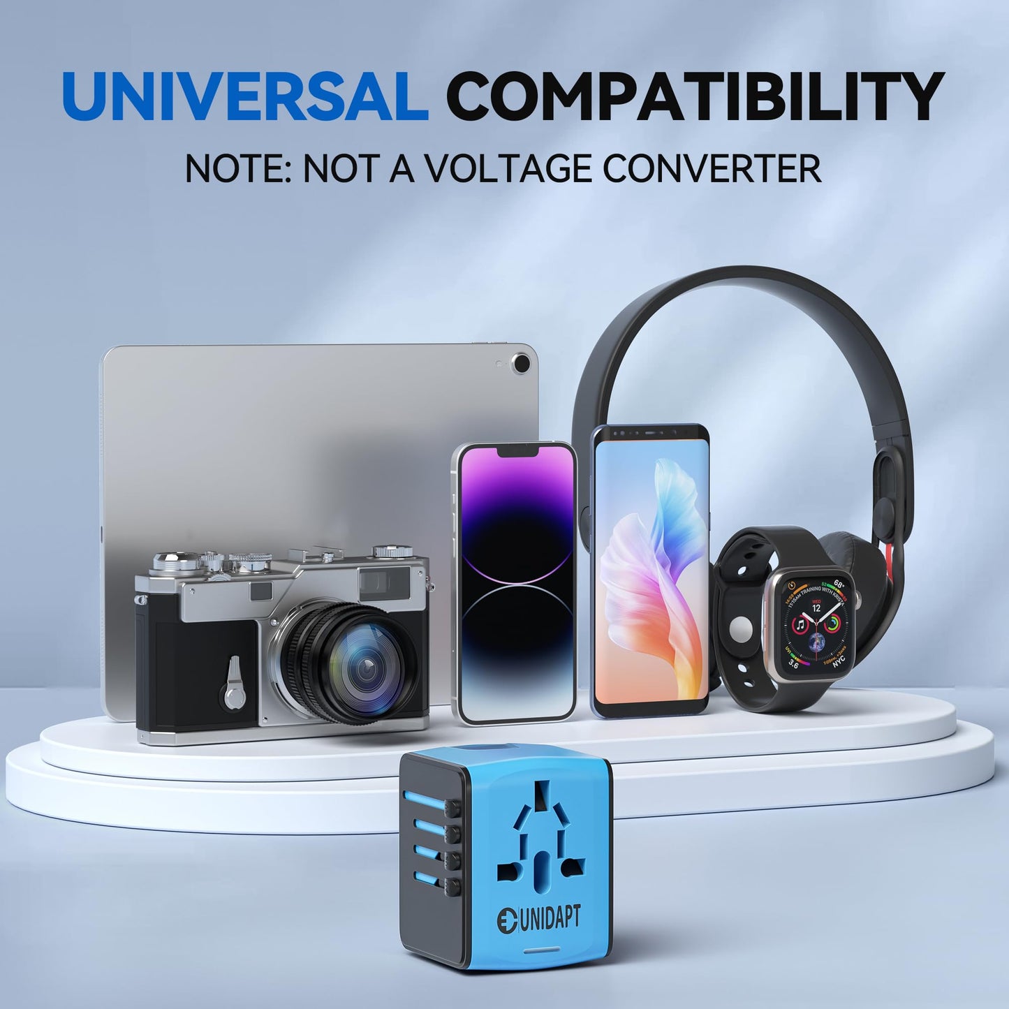 Unidapt Universal Travel Adapter, International Plug Adapter Fast 2,4A 4-USB European Power Plug, AC Wall Charger – Worldwide Outlet for Europe US USA UK EU AUS, Blue