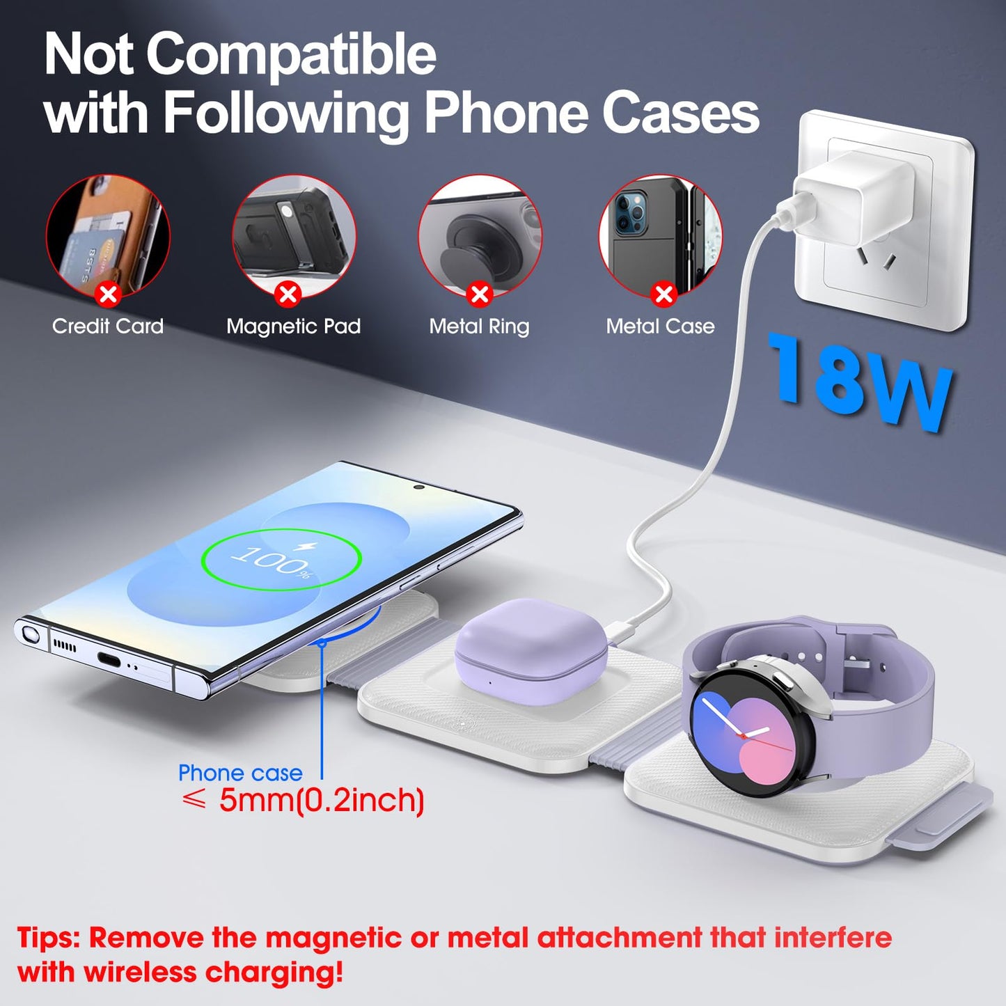 Foldable 3 in 1 Wireless Charger for Samsung Multiple Devices, Travel Wireless Charging Station/Stand for Galaxy S25 Ultra/S24/Z Fold Flip 6/5, Charger Dock Stand for Samsung Watch 8, Buds Pro3（White）