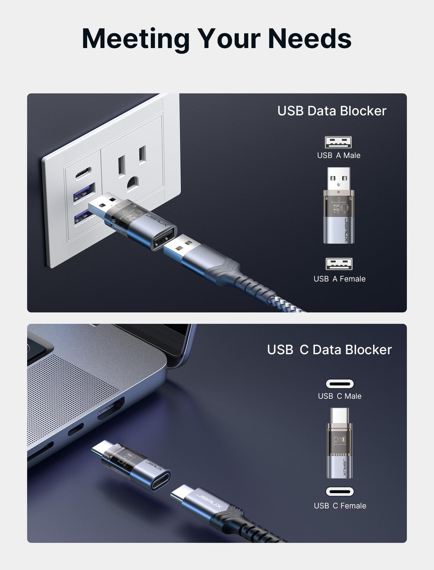 JSAUX USB Data Blocker & USB C Data Blocker (4-Pack), Transparent Type A & Type C Data Blocker Only for Charge, Protect Against Juice Jacking, Refuse Hacking Provide Safe Charging