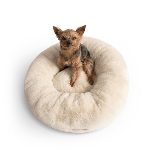 UnHide Floof Pet Bed - Small (23" x 8") - Extra Soft Dog Bed - Removable Faux Fur Cover - Machine Washable - Helps Ease Pet Anxiety & Provides The Perfect Sleep - Beige Bear