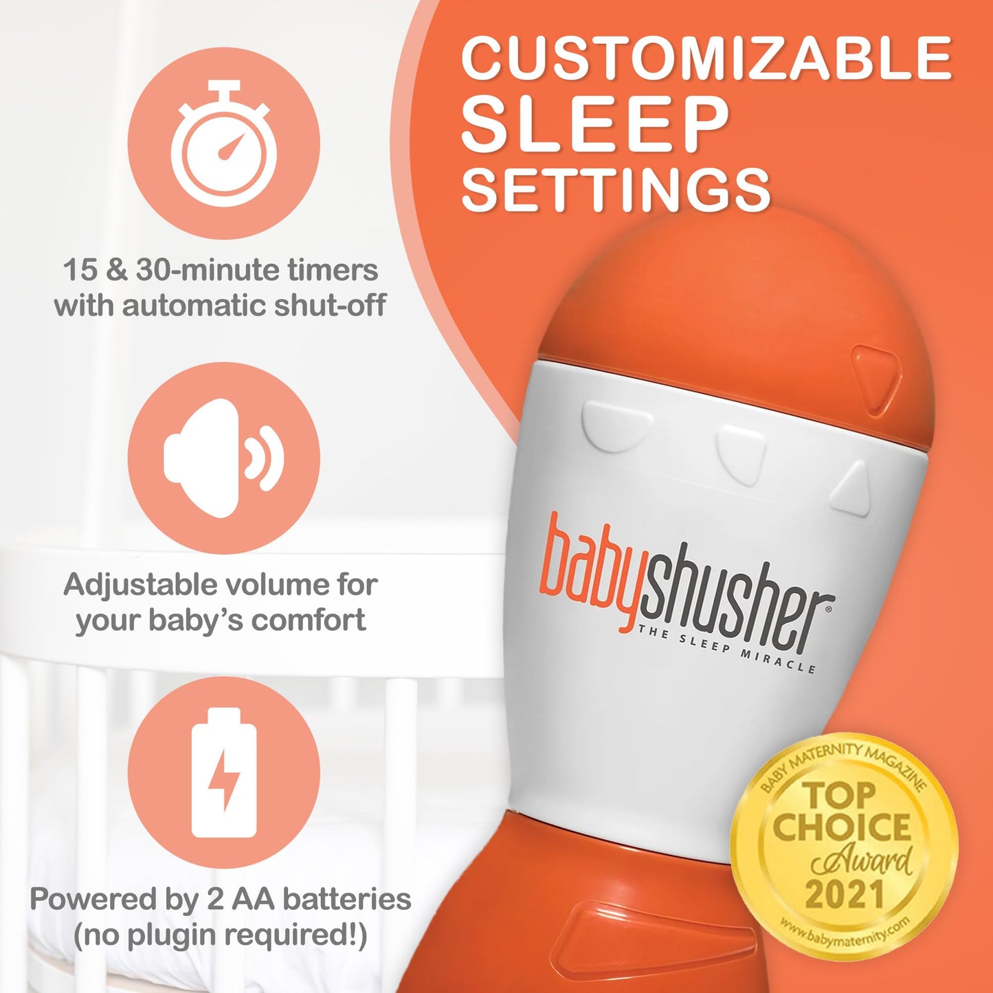 Baby Shusher Portable Sound Machine - Mom-Like 'Shh!' Sound for Baby, Sleeping Soother, Newborn Essentials for Crib, Battery Operated Hush, Travel Friendly, Shower & Registry Gift - 1 Count