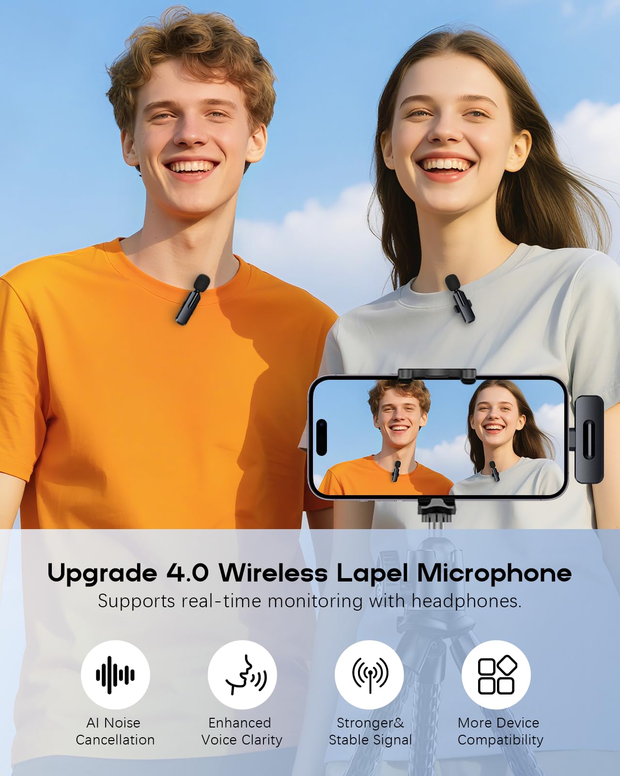 Professional Wireless Mini Microphone for iPhone - 2 Pack Lavalier bluetooth Microphone for Video Recording, 2 In 1 Noise Reduction Lapel Mic for Ipad, Android, Mini Mic for Content Creators Podcast