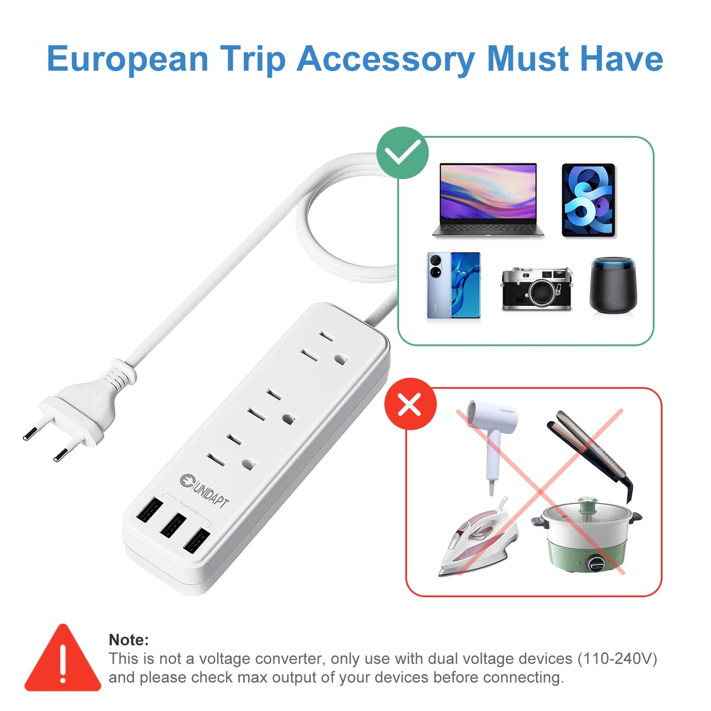 European Travel Plug Adapter, Unidapt International Power Strip, US to Europe USB Extension Cable, Plug Adapter for EU with 3 USB Ports and 3 AC Outlets 3.3ft Cord, Study Abroad Essential