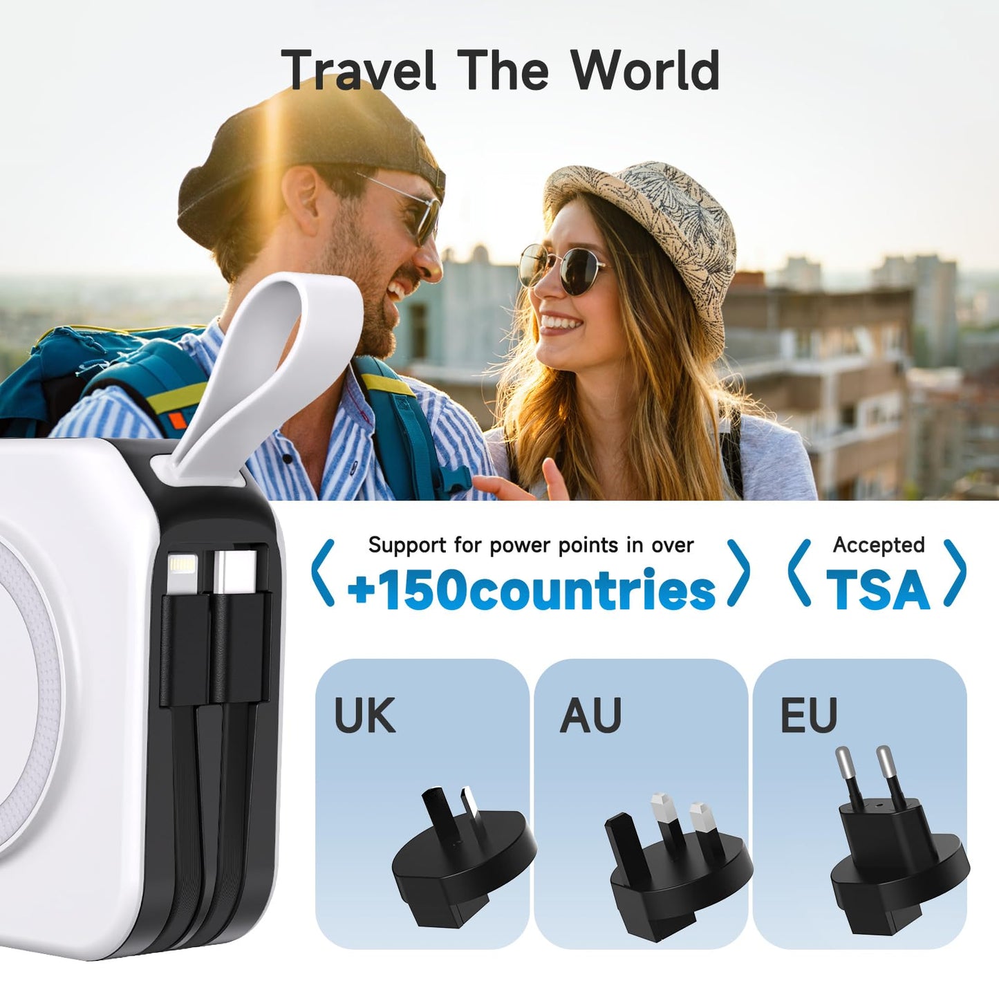 Powerpack Universal 5 in 1 Travel Power Bank - for Magsafe Battery Pack,10000mAh Power Bank with Built in Cable - Wireless Portable Charger for iPhone 15/15 Pro/ProMax, iPhone 14/13/12 Series