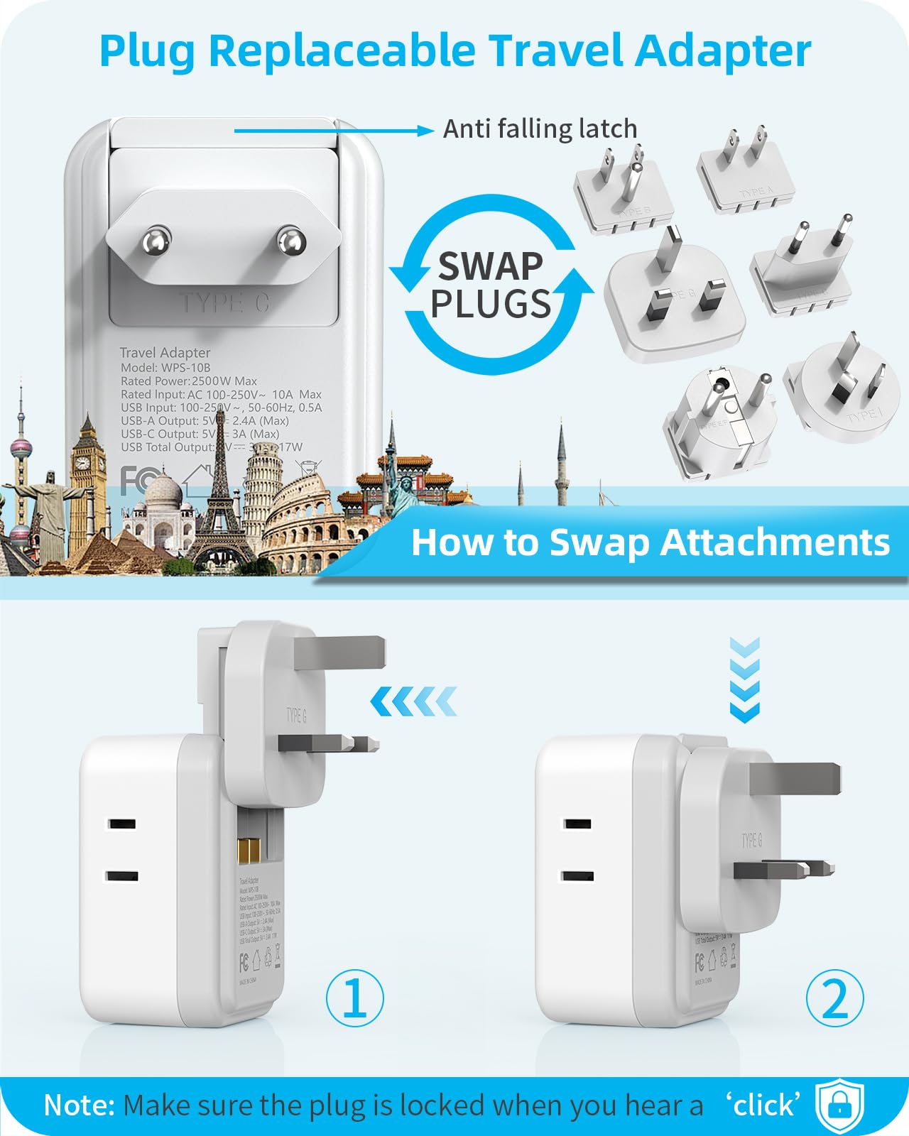 International Power Adapter Set, US to EU/UK/AUS/Japan Universal Travel Adapter- 4 AC Outlets 4 USB Ports (2 USB C), Worldwide Travel Plug Adapter Kit Include Type F/G/I/C/B/A Detachable Charger Plug