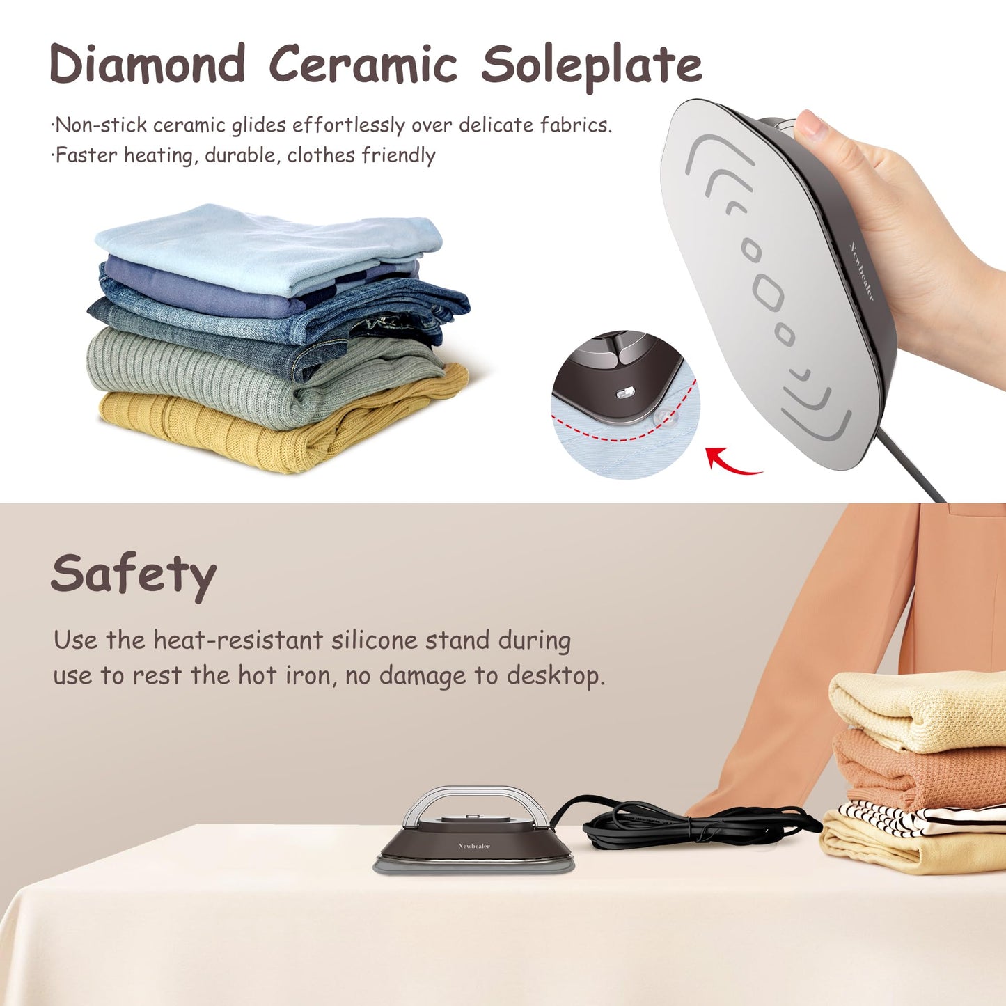 Newbealer Travel Iron with Global Voltage, 100-240V Mini Dry Iron for Clothes (No Steam), Max 300W, 60s Heat Up, 302℉ Non-Stick Ceramic Soleplate, 0.8lbs Ultra-Lightweight (Brown)
