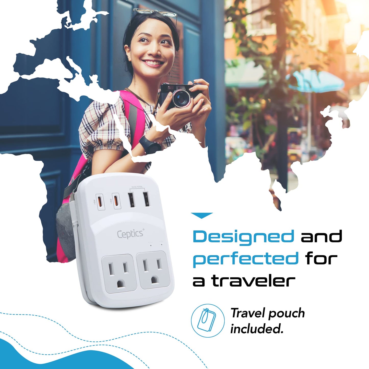 Ceptics World Travel Adapter Kit 2 USB-A, USB-C US Outlets, 20W/QC 18W Power Delivery, Surge Protection, SWADAPT Compatible for Europe, UK, China, Australia, Japan Perfect Laptop (WPS-5B)