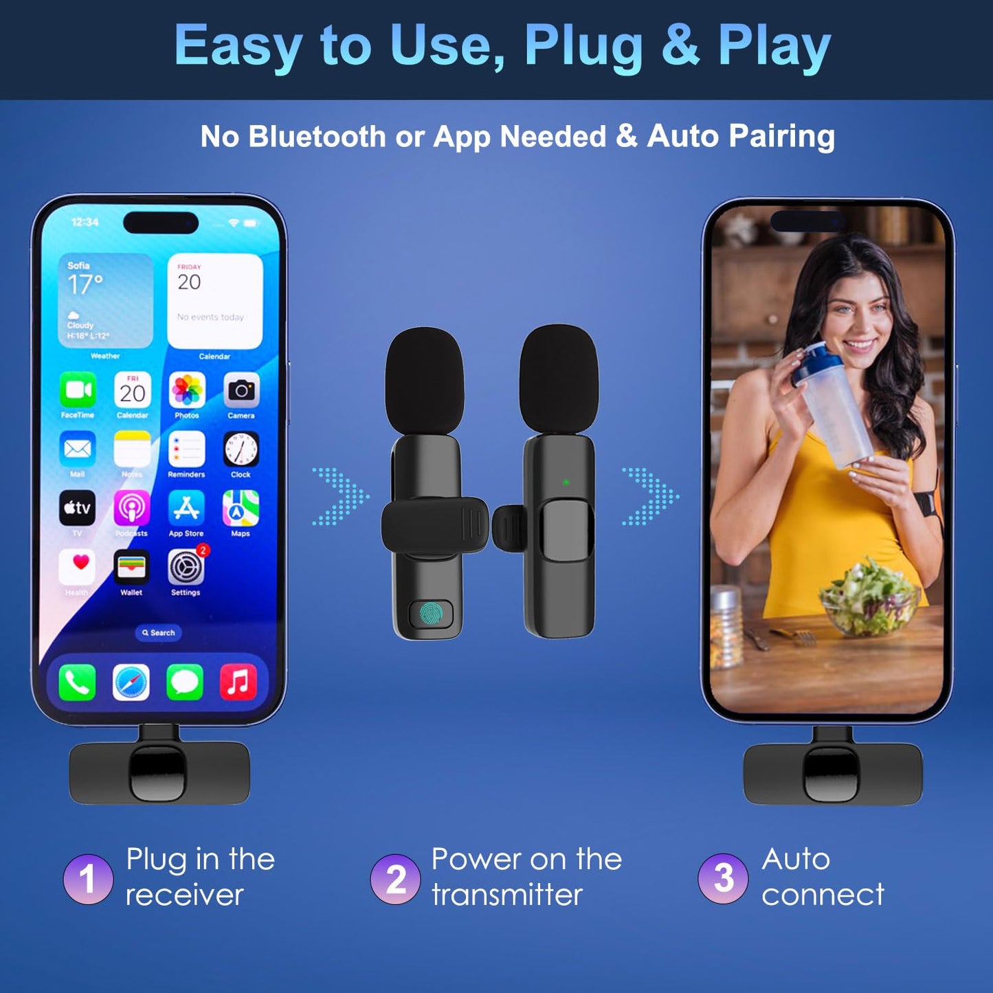 Vislla Wireless Lavalier Microphone for iPhone, iPad and Android Devices, Noise Cancelling,Bluetooth Mini Lapel Microphone for YouTube/Vlogging/Live Streaming/Tiktok/Interview
