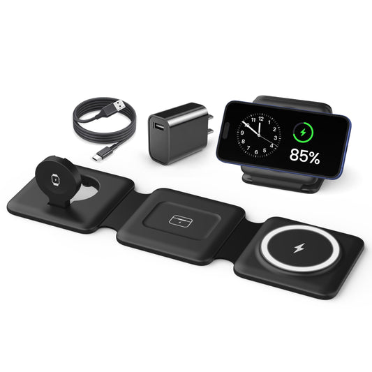Magnetic Wireless Charger for iPhone: Fodable 3 in 1 Charging Station for Multiple Apple Devices - Travel Charging Pad Dock for Apple Watch iPhone 16 15 14 13 12 Pro Max Plus & Airpod