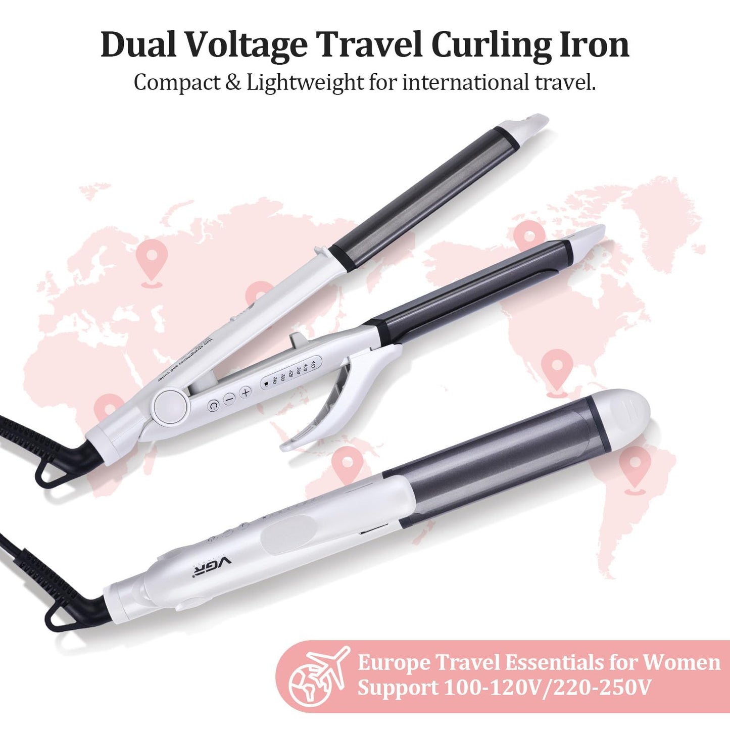 VGR Dual Voltage(100~250V) Travel Curling Iron with European Plug Adapter for International Travel, Europe Travel Essentials for Women, European Travel Must Haves
