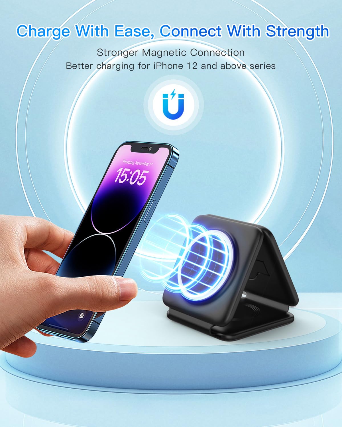 Magnetic Wireless Charger for iPhone: Fodable 3 in 1 Charging Station for Multiple Apple Devices - Travel Charging Pad Dock for Apple Watch iPhone 16 15 14 13 12 Pro Max Plus & Airpod