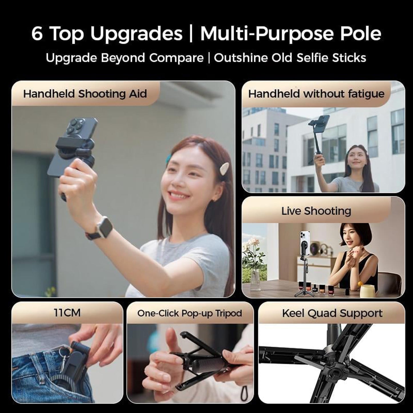 2025 New 4-in-1 Multifunctional Magnetic Selfie Stick, 360° Rotation Phone Tripod with Wireless Remote for iPhone & Android, Phone Stand for Video Recording & Vlogging - Portable Travel (Black)
