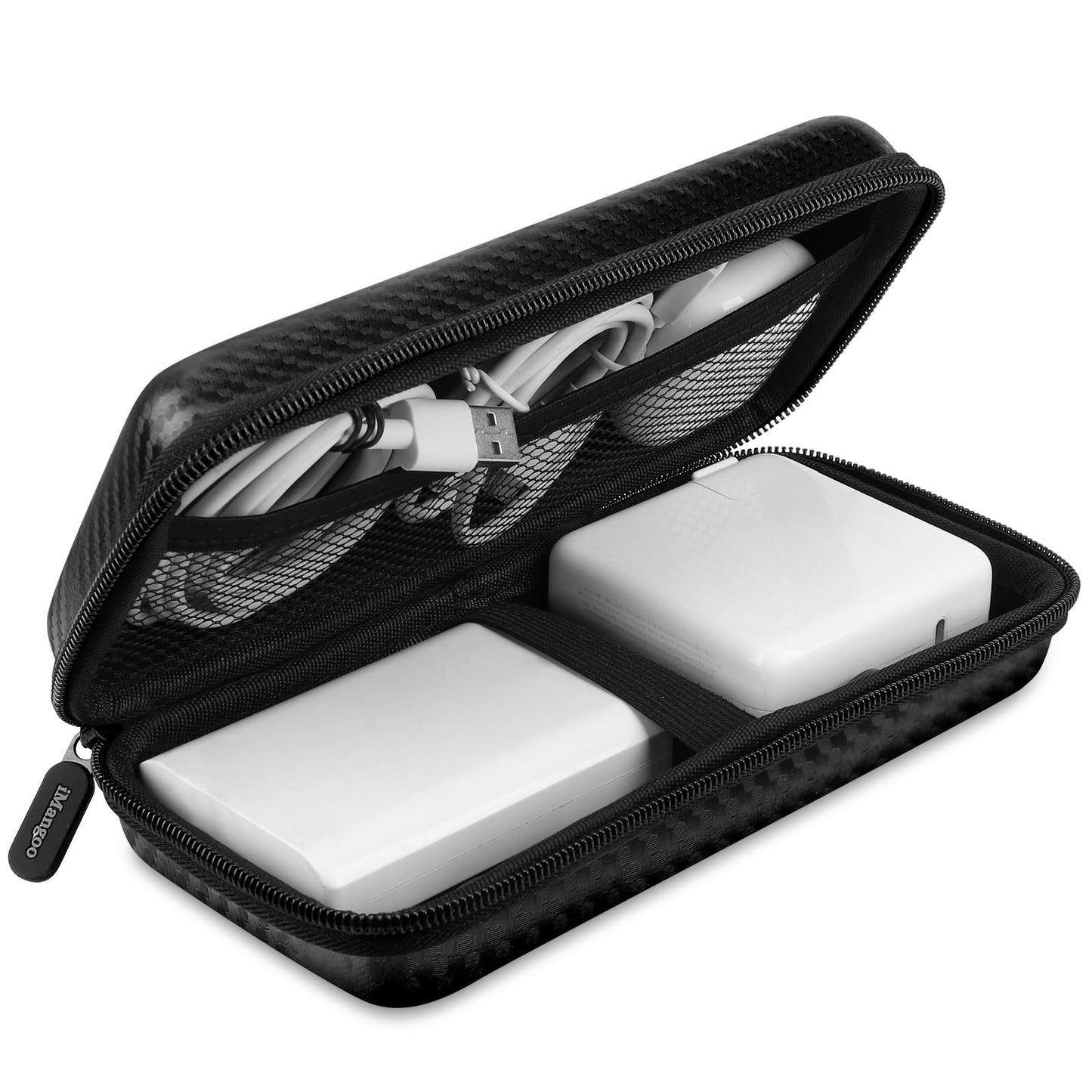 iMangoo Shockproof Travel Essentials Organizer Charger Case, Space-Optimized Zipper Electronics Accessories Pouch Tech Cord Cable Adapter Power Bank Storage for Women Men, 8.5x4.5x2 in (Fiber Black)