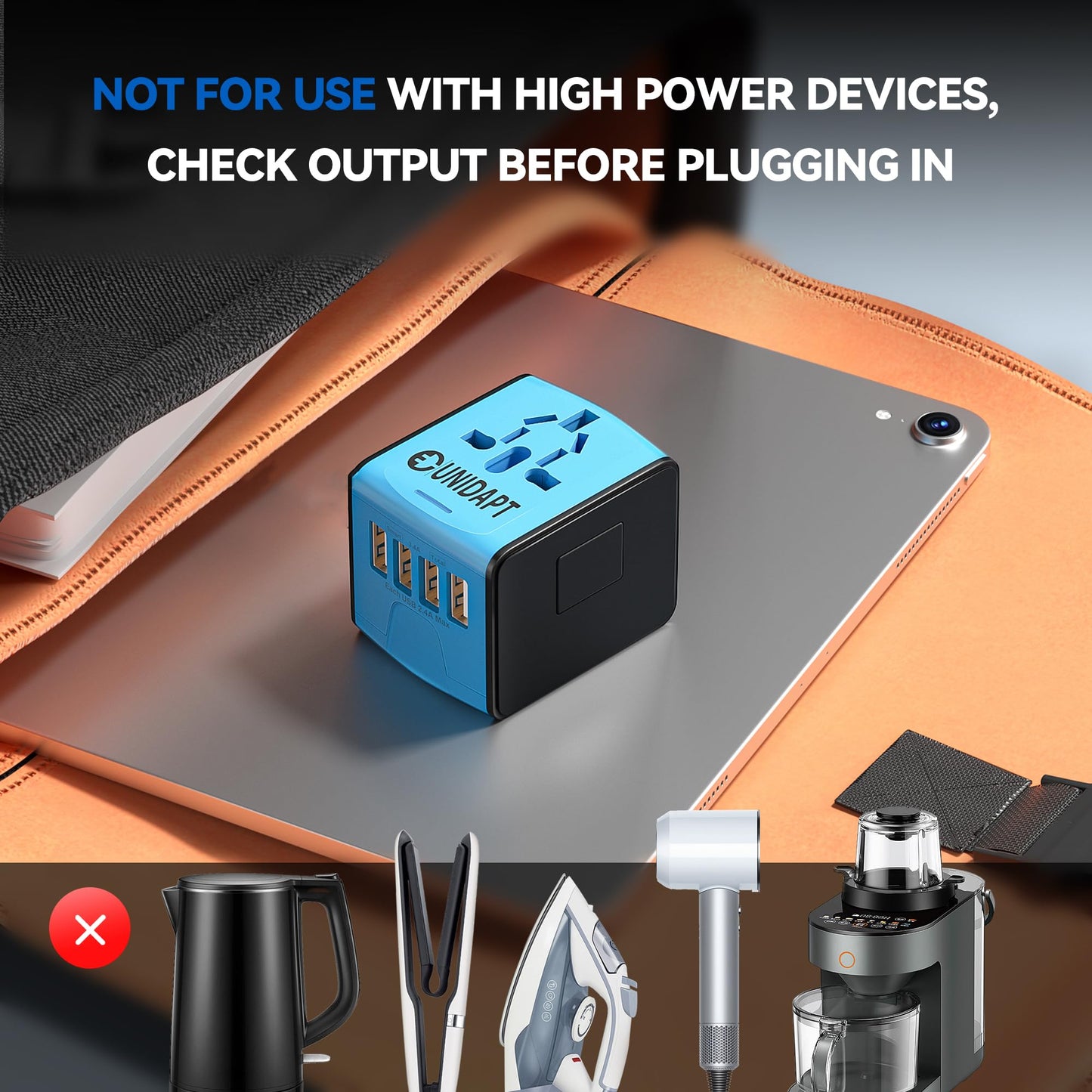 Unidapt Universal Travel Adapter, International Plug Adapter Fast 2,4A 4-USB European Power Plug, AC Wall Charger – Worldwide Outlet for Europe US USA UK EU AUS, Blue
