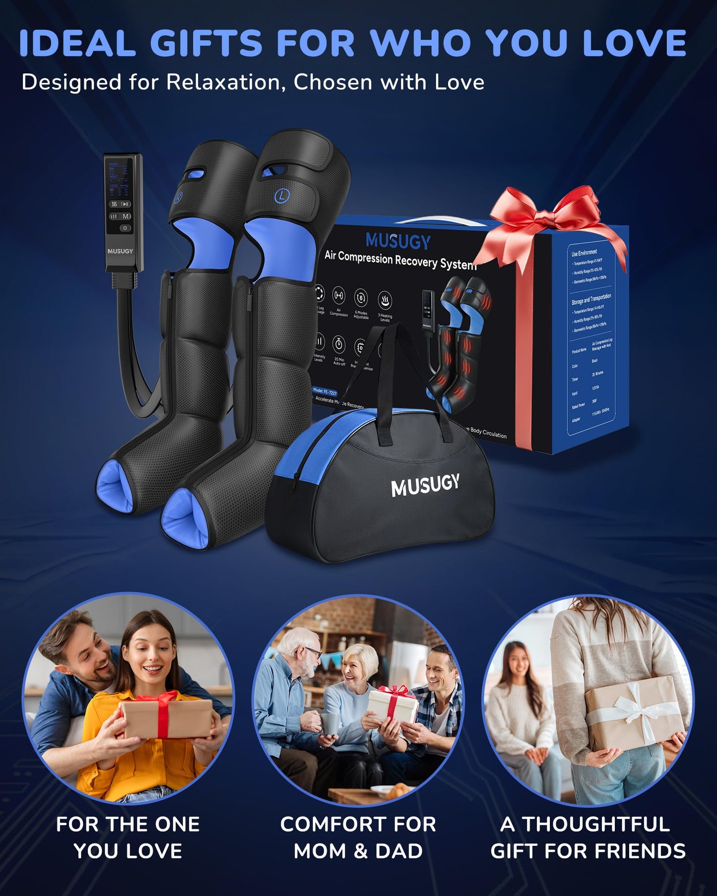 Musugy Leg Massager with Heat and Compression : Sequential Compression Boots with 6 Modes,9 Intensity and 3 Heat for Circulation and Pain Relief - Christmas Birthday Gifts for Mom, Dad, Athletes, Gym