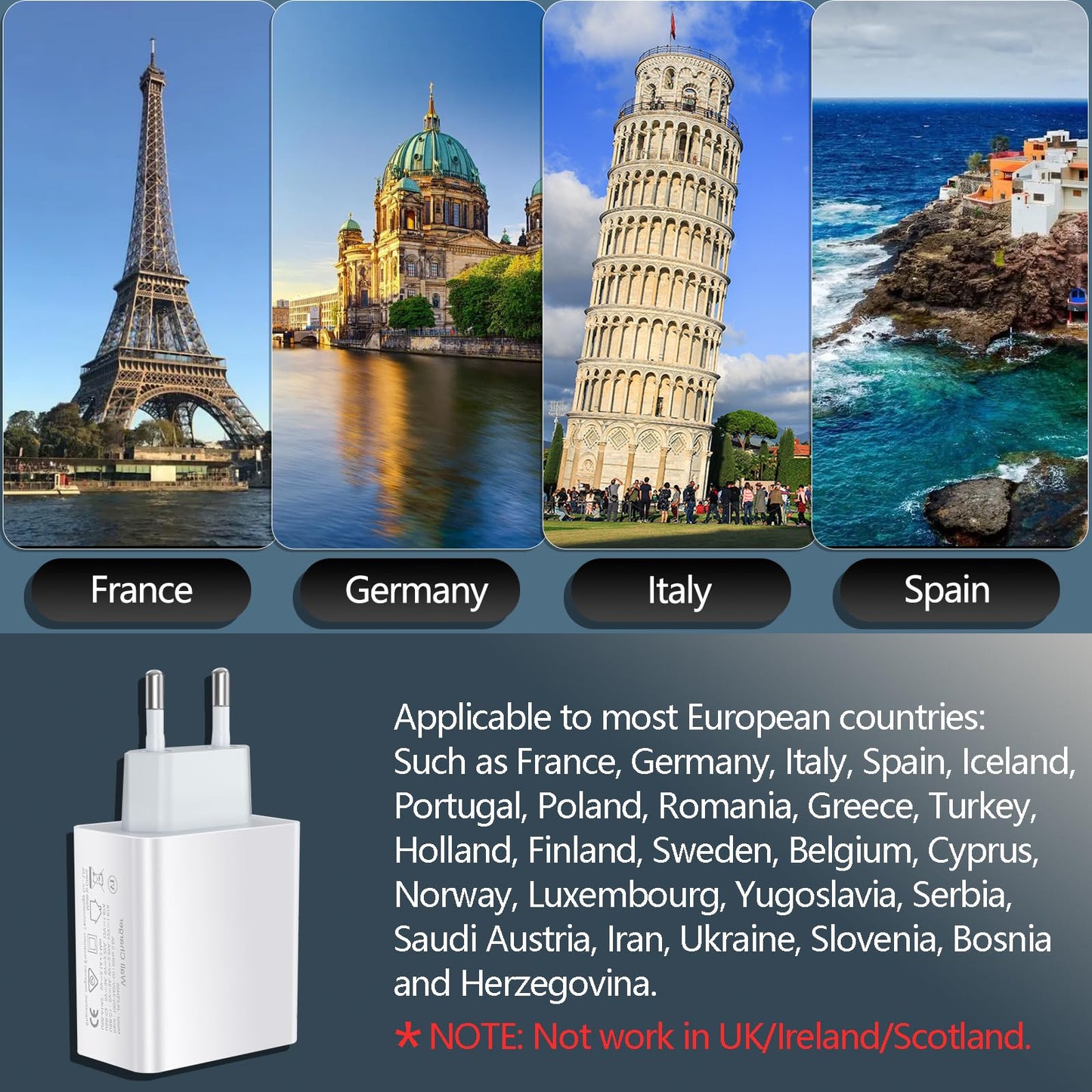 European Travel Plug Adapter USB C, 55W USB C European Charger 4-Port Fast Charger Type C Wall Charger USA to Europe Plug Adapter for iPhone 16 15 14 13 12 11 Pro Max XS X 8, Galaxy, Android