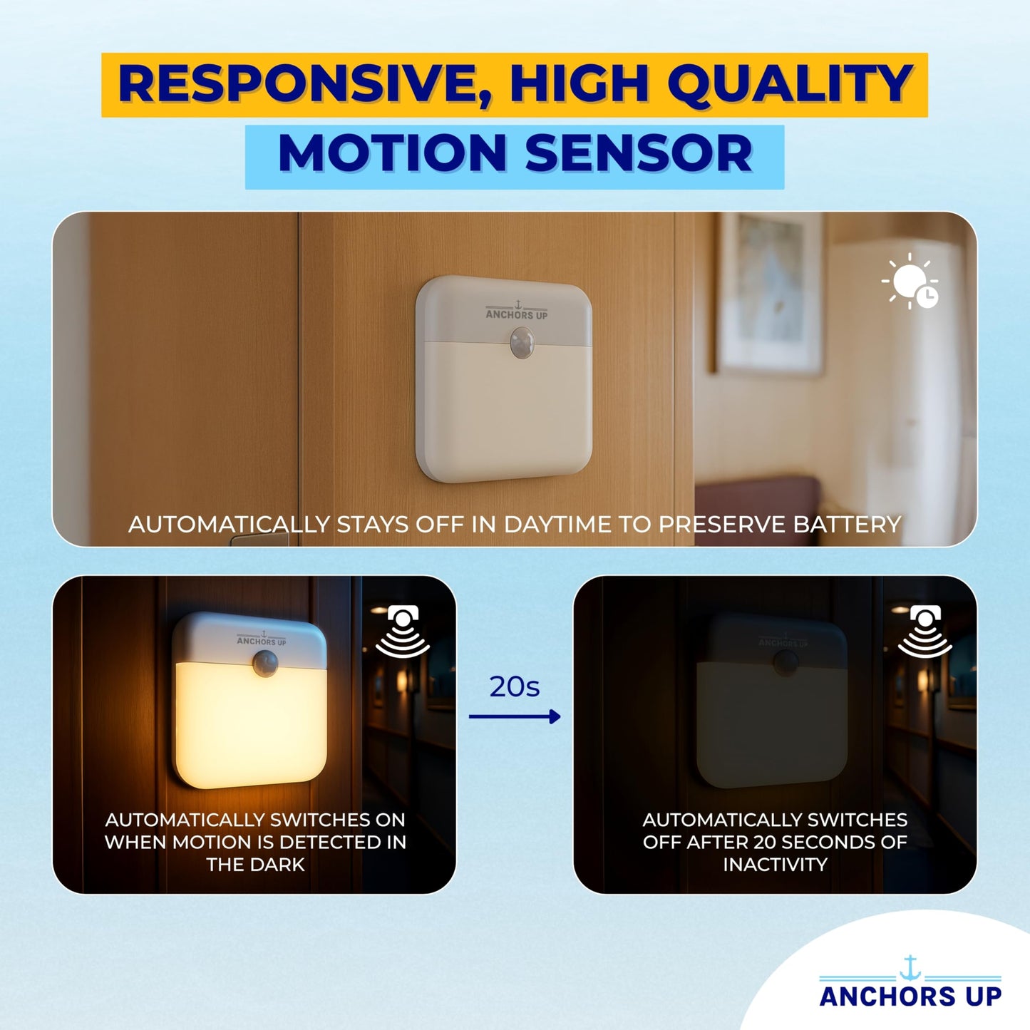 Cruise Cabin Night Light with Motion Sensor USB Rechargeable – LED Motion Sensor Light – Magnetic – Warm White – Cruise Essentials by AnchorsUp