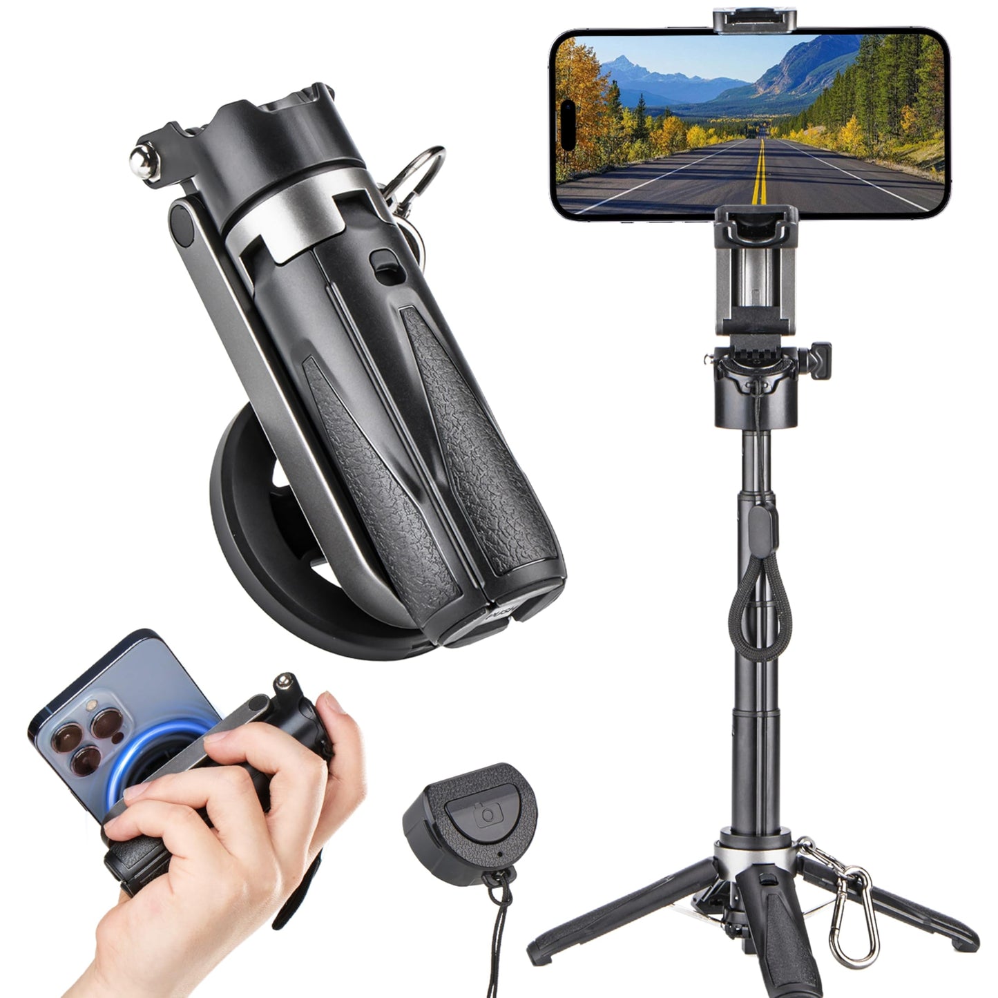 MQOUNY for Magsafe Tripod Stand for iPhone,Portable Pocket Size Selfie Stick with Rechargeable Remote and Metal Ring,Extendable Detachable Cell Phone Tripod Compatible with iPhone/Android