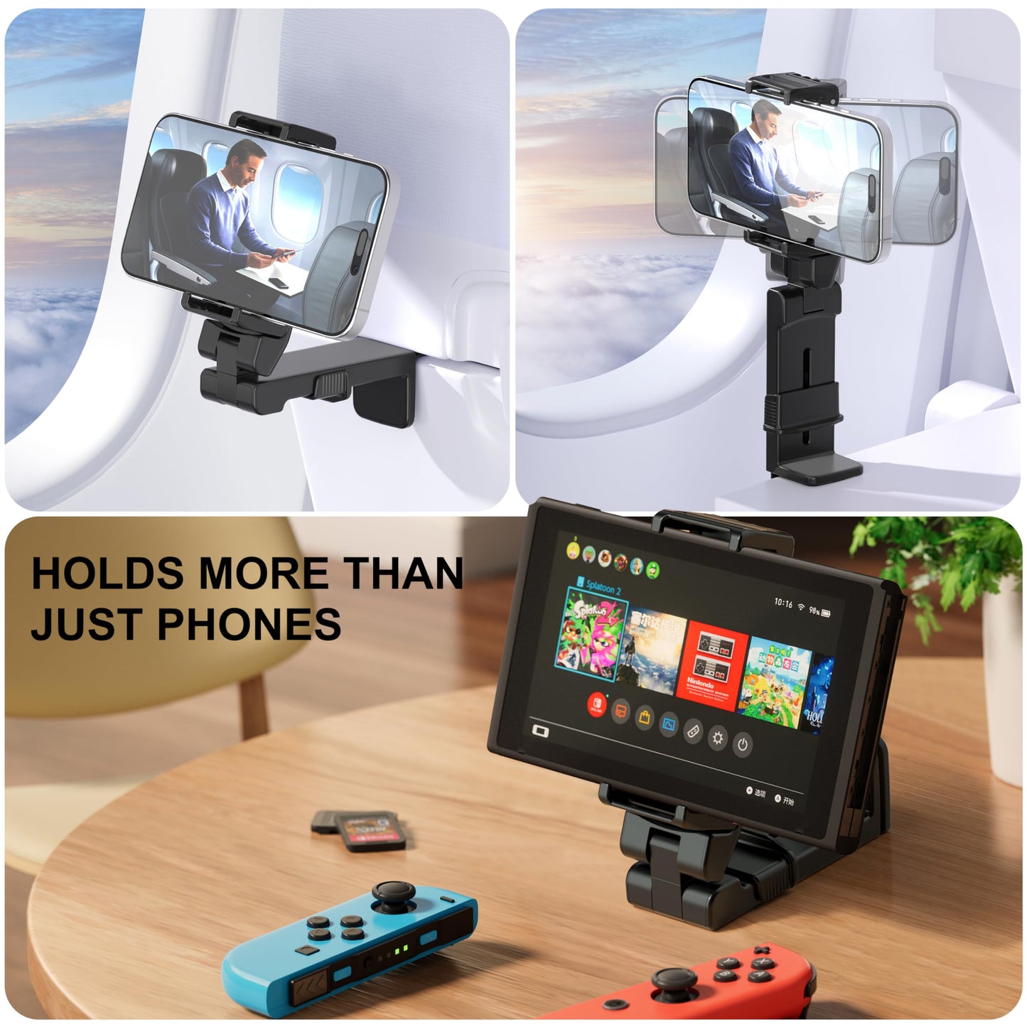 Perilogics 2025 Upgraded Travel Essentials Must Haves Airplane Phone Holder Mount. Improved Ergonomic Lever, Perfect for Long Flight, Cruise, Desk, Travel Gift for Content Creator