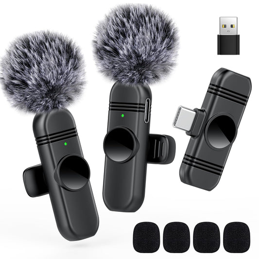 Type C Wireless Lavalier Microphone for iPhone 15,Android and Laptop,Tablet,PC,Clip on Microphone with Noise Reduction for Video Recording,Vlog,Interviews,Live Streaming,Podcast,TikTok,YouTube 2 Pack