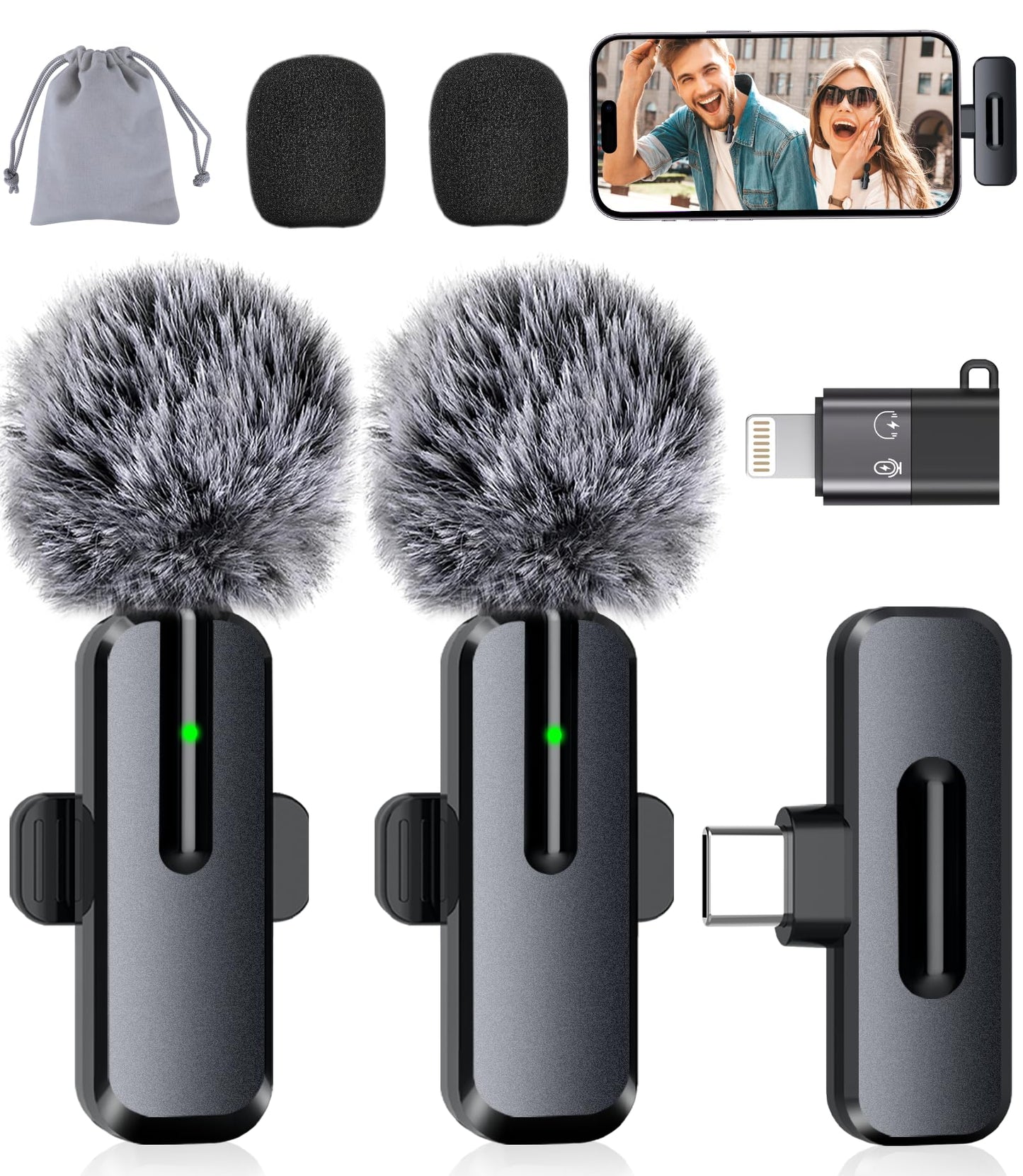 Professional Wireless Mini Microphone for iPhone - 2 Pack Lavalier bluetooth Microphone for Video Recording, 2 In 1 Noise Reduction Lapel Mic for Ipad, Android, Mini Mic for Content Creators Podcast