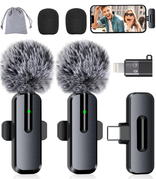 Professional Wireless Mini Microphone for iPhone - 2 Pack Lavalier bluetooth Microphone for Video Recording, 2 In 1 Noise Reduction Lapel Mic for Ipad, Android, Mini Mic for Content Creators Podcast