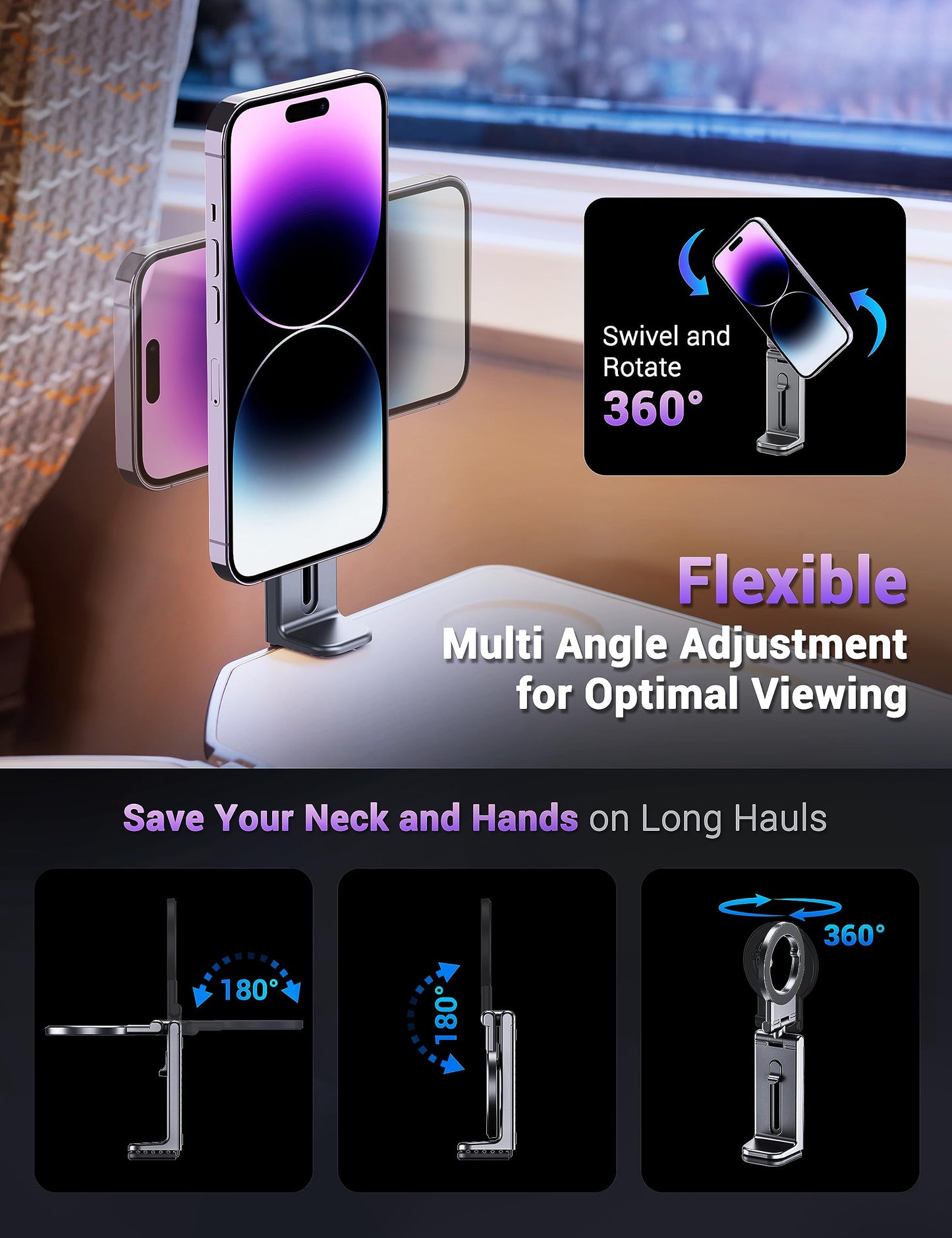PROfezzion Magnetic Airplane Phone Holder for MagSafe iPhone 17, 16, 15, 14, 13, 12 & All Phones, Handsfree Plane Phone Mount for Seat Tray Table, Travel Essentials Must Have Accessories for Flying