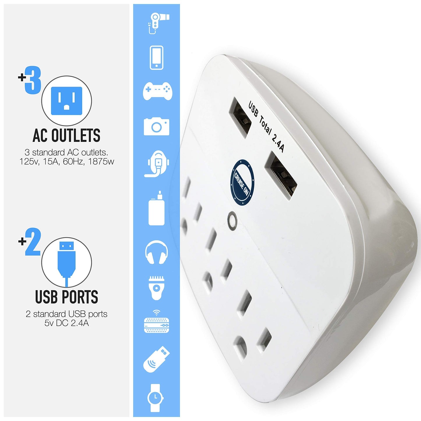 Cruise Approved Power Strip - Non Surge Protector for Cruise Ship with 2 USB Outlets - Cruise Ship Essentials 2025 for Carnival, Princess, Norwegian, Holland America, MSC & Major Cruise Lines (White)