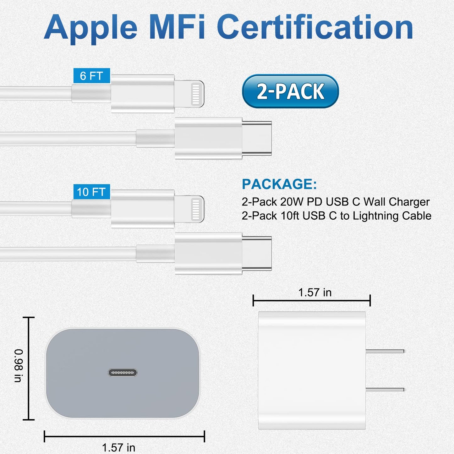 iPhone Charger Fast Charging 2 Pack Type C Wall Charger Block with 2 Pack [6FT&10FT] Long USB C to Lightning Cable for iPhone 14/13/12/12 Pro Max/11/Xs Max/XR/X,AirPod Pro