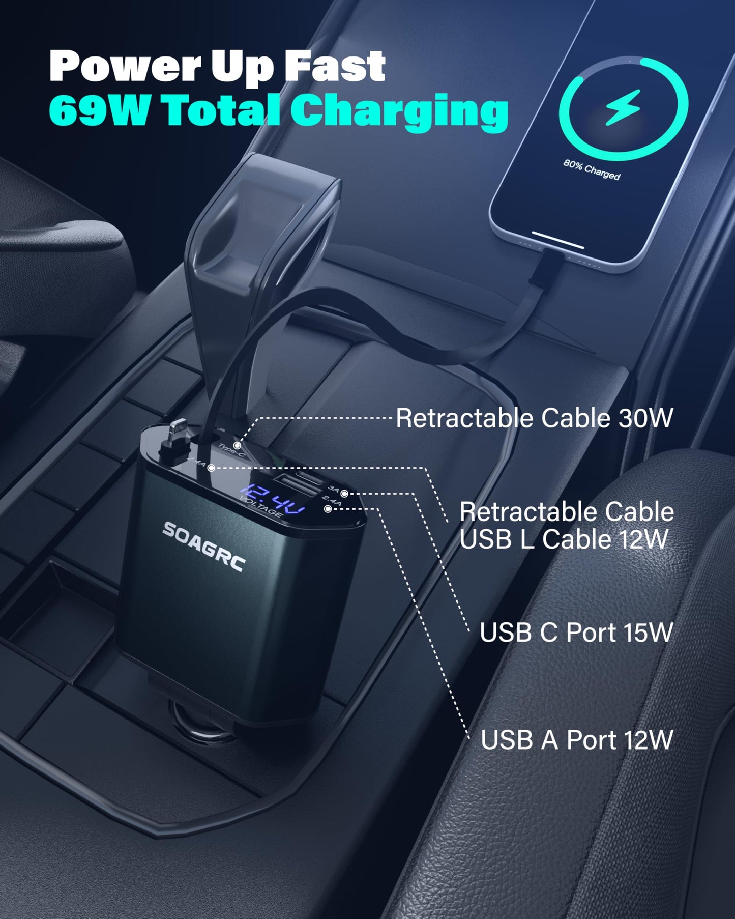 Soagrc Retractable Car Charger 69W, 4 in 1 Fast Charging Car Accessories for iPhone 16/15/14, Android Compatible, USB C, Travel Essentials Gifts for Men & Women