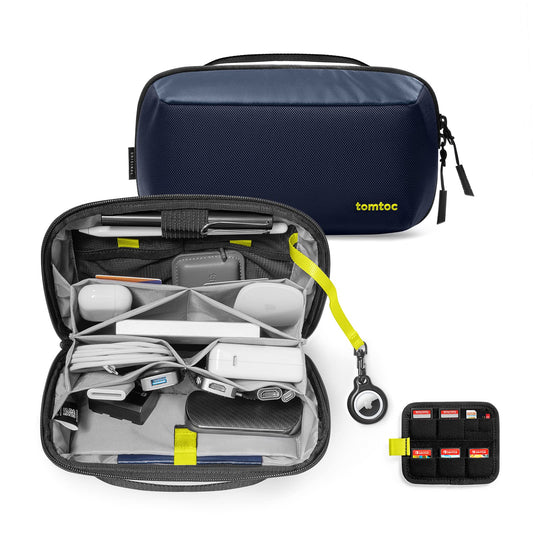tomtoc Electronic Organizer Accessory Tech Pouch for MacBook Charger, Cables, Power Bank, Hard Drive, Cords, Water-resistant Storage Bag with Removable Card Slots for USB Adapter, Memory Card, Blue
