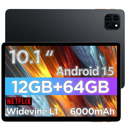 Android Tablet, 10.1 inch Android 15 Tablet with Octa-core Processor RAM 12GB ROM 64GB(Up to 2 TB), 800x1280 Resolution, WiFi 6 & Bluetooth, Dual Speakers, 5MP+8MP, 6000mAh, ABCmouse for 30-Days Trial
