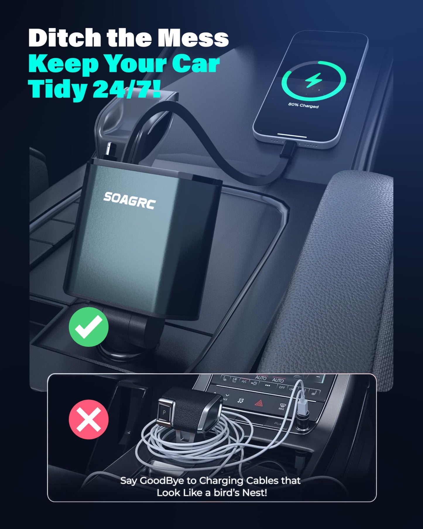 Soagrc Retractable Car Charger 69W, 4 in 1 Fast Charging Car Accessories for iPhone 16/15/14, Android Compatible, USB C, Travel Essentials Gifts for Men & Women