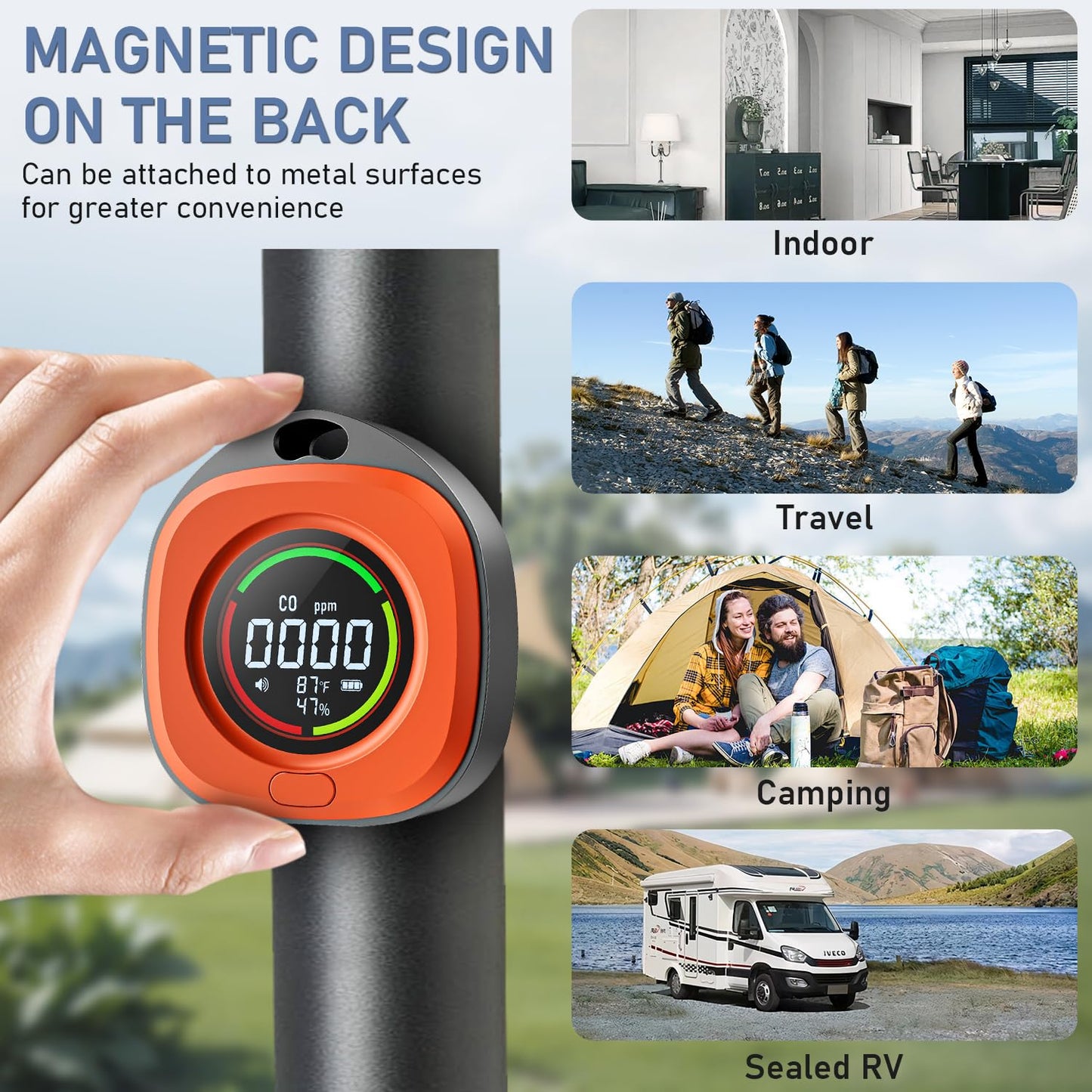 Portable Carbon Monoxide Detectors for Travel 3-in-1 Square Carbon Monoxide Monitor with 43 Detection Holes, RV CO Detector Alarm Temp/Humidity Sensor for Home, Camping & Travel Tent Car