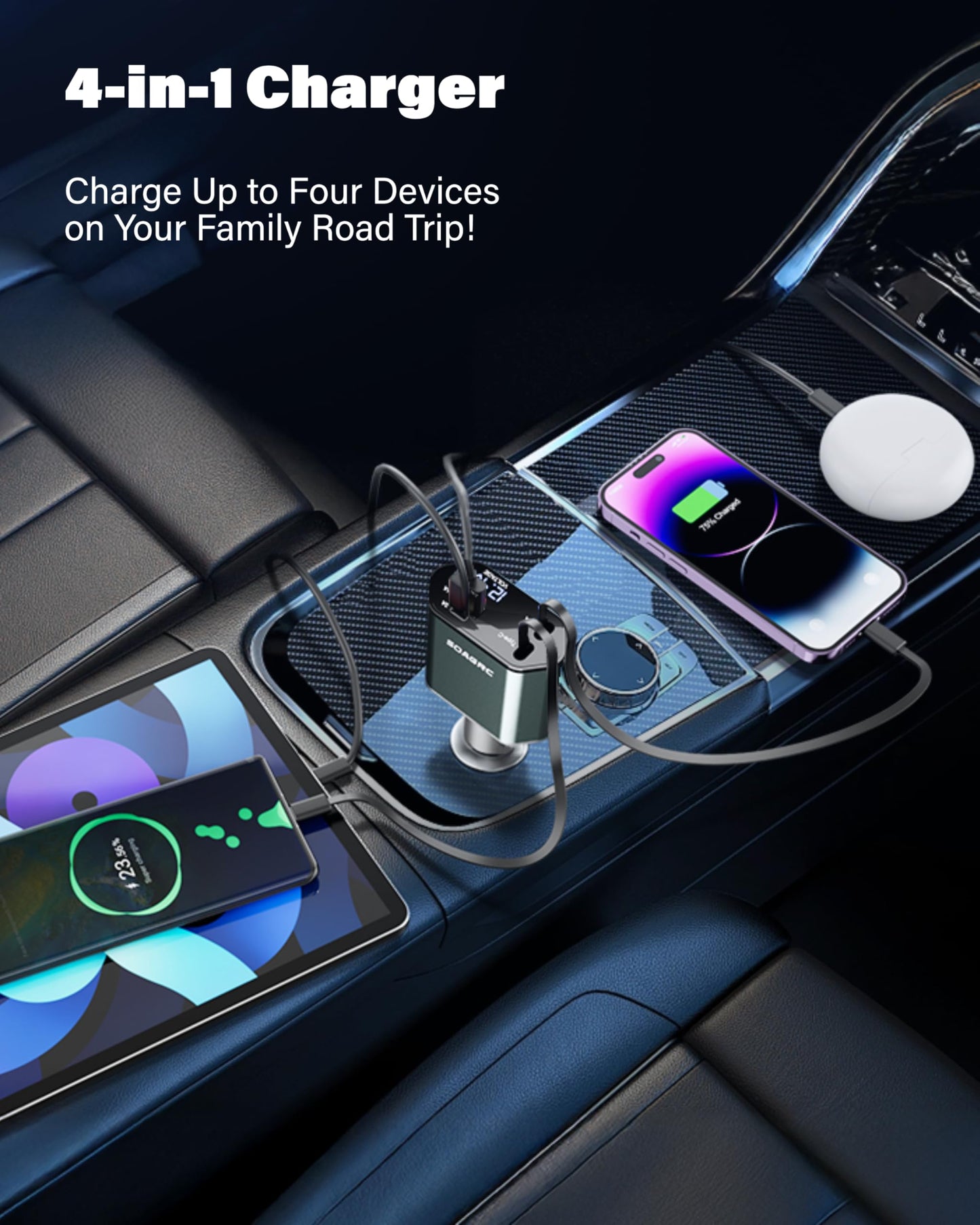 Soagrc Retractable Car Charger 69W, 4 in 1 Fast Charging Car Accessories for iPhone 16/15/14, Android Compatible, USB C, Travel Essentials Gifts for Men & Women