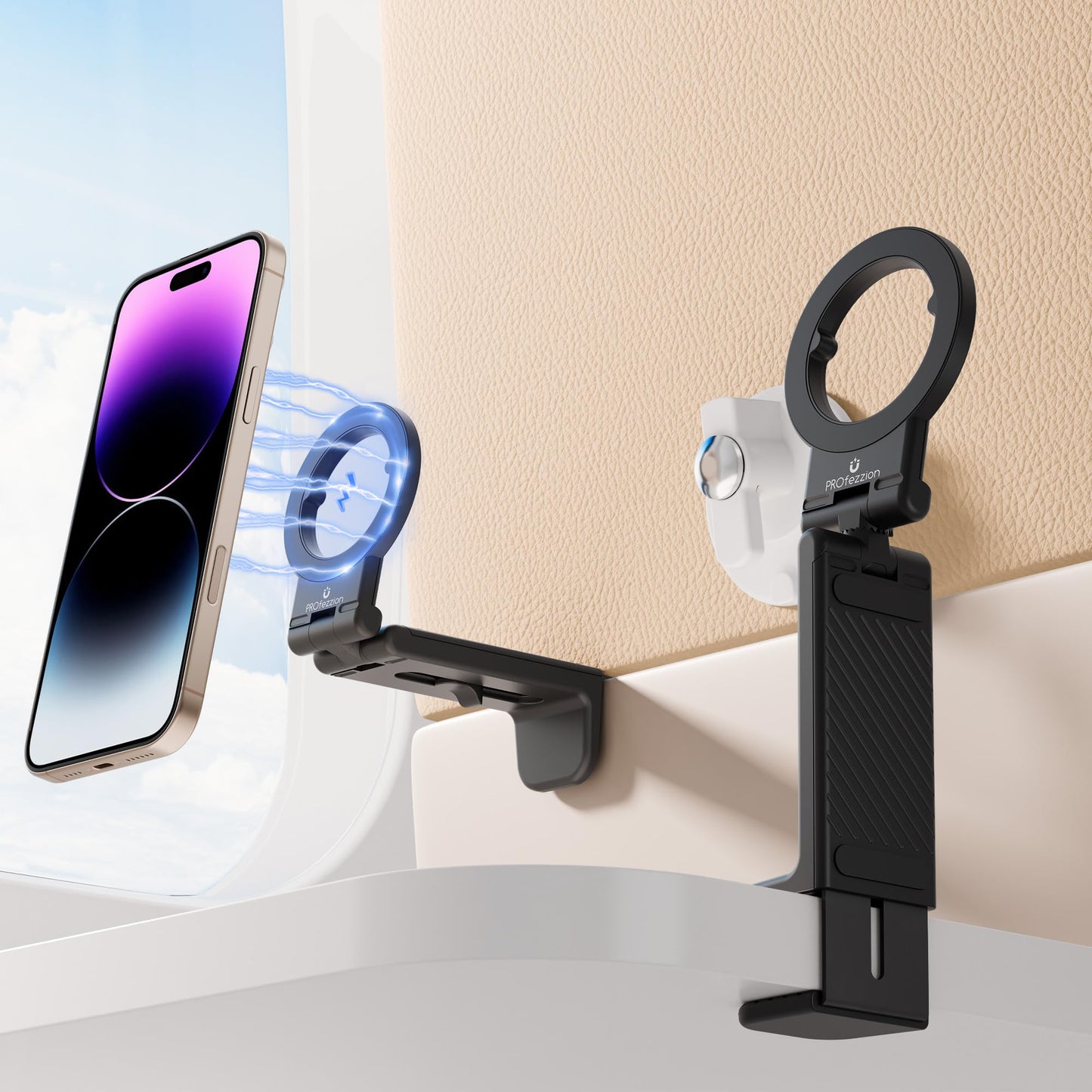 PROfezzion Magnetic Airplane Phone Holder for MagSafe iPhone 17, 16, 15, 14, 13, 12 & All Phones, Handsfree Plane Phone Mount for Seat Tray Table, Travel Essentials Must Have Accessories for Flying