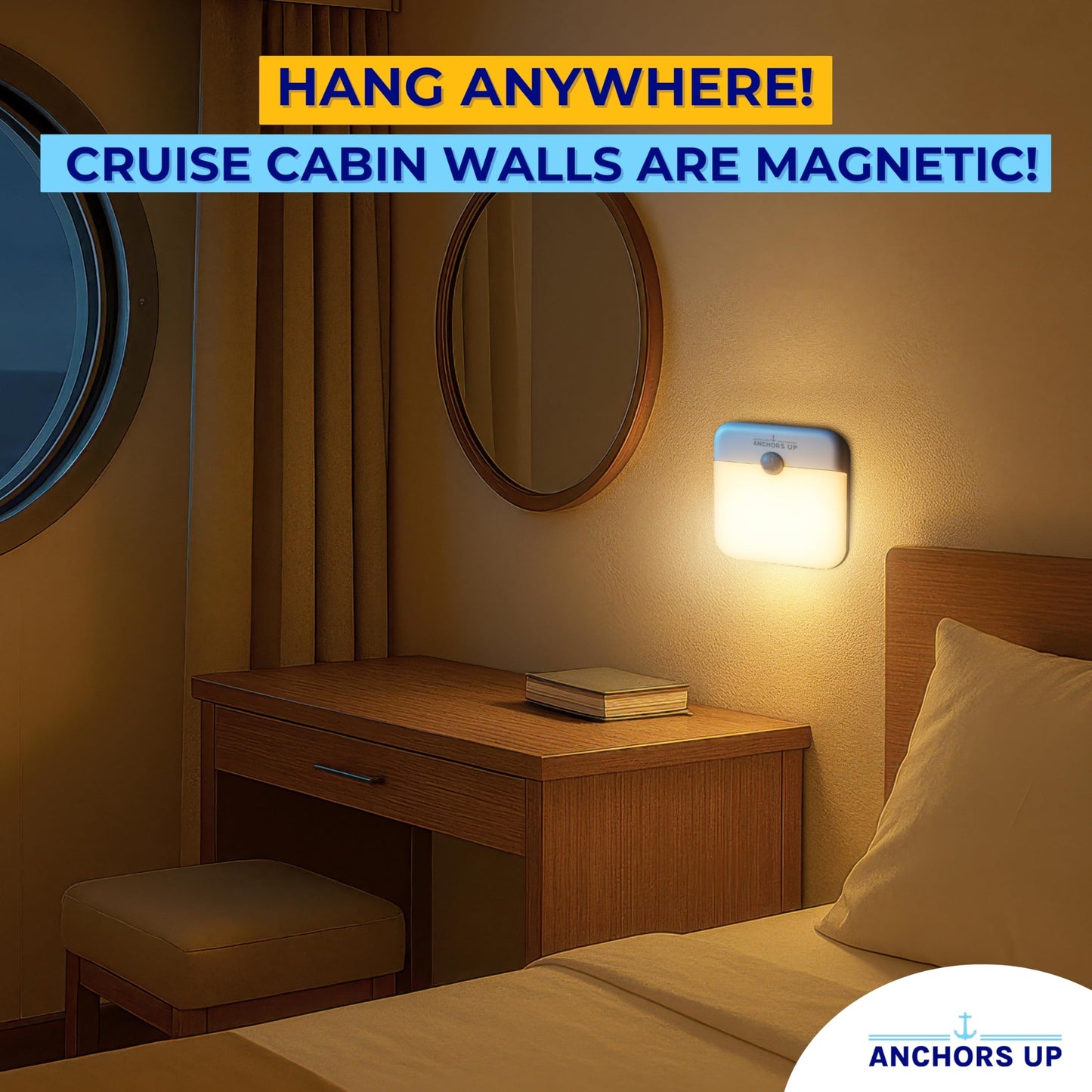 Cruise Cabin Night Light with Motion Sensor USB Rechargeable – LED Motion Sensor Light – Magnetic – Warm White – Cruise Essentials by AnchorsUp