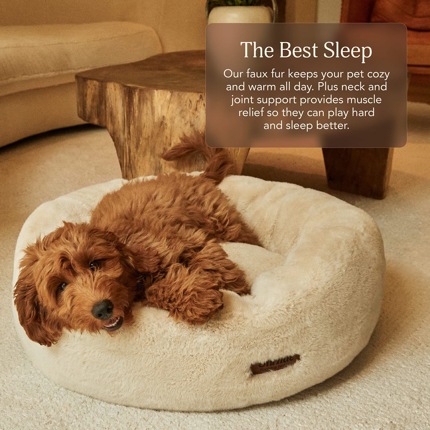 UnHide Floof Pet Bed - Small (23" x 8") - Extra Soft Dog Bed - Removable Faux Fur Cover - Machine Washable - Helps Ease Pet Anxiety & Provides The Perfect Sleep - Beige Bear