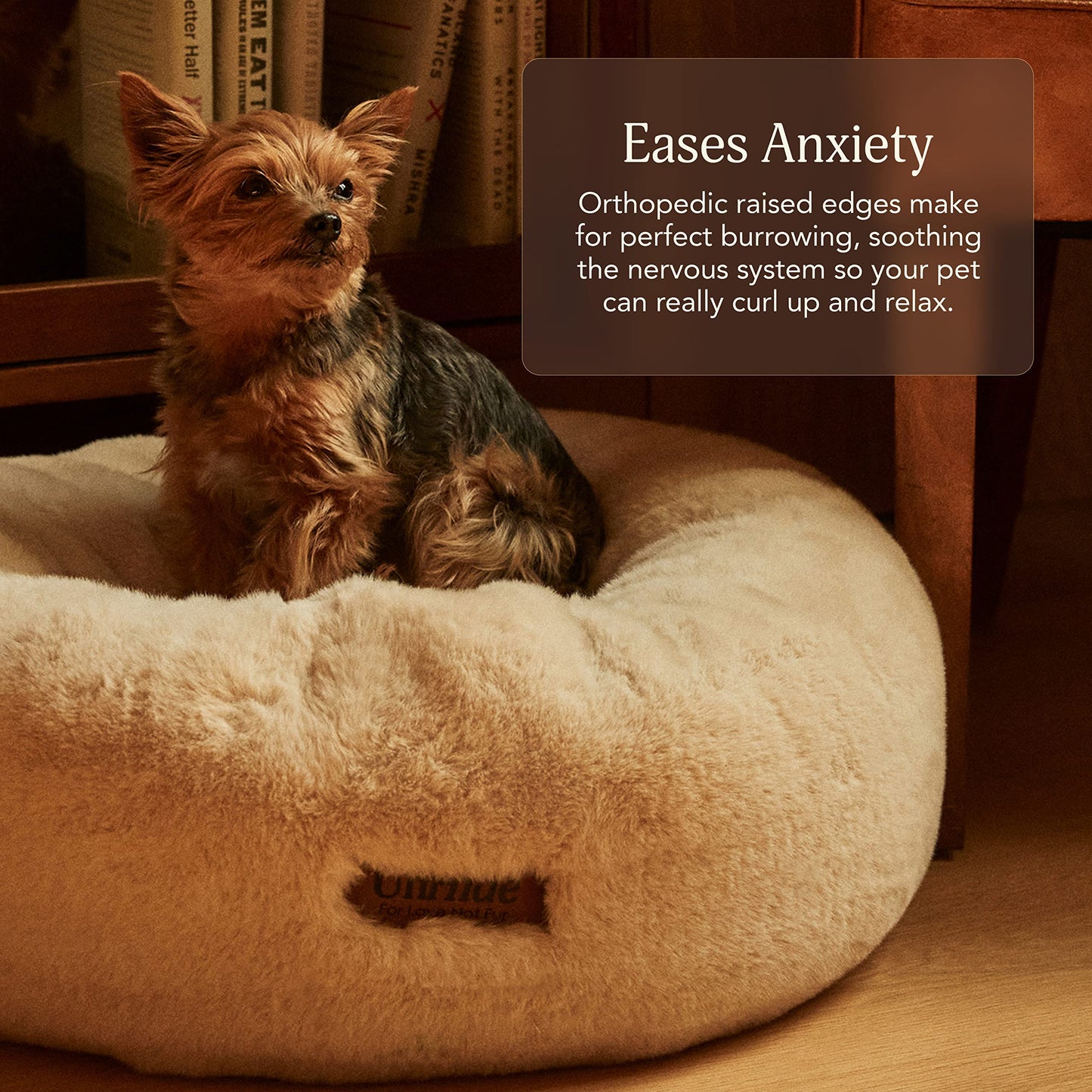 UnHide Floof Pet Bed - Small (23" x 8") - Extra Soft Dog Bed - Removable Faux Fur Cover - Machine Washable - Helps Ease Pet Anxiety & Provides The Perfect Sleep - Beige Bear